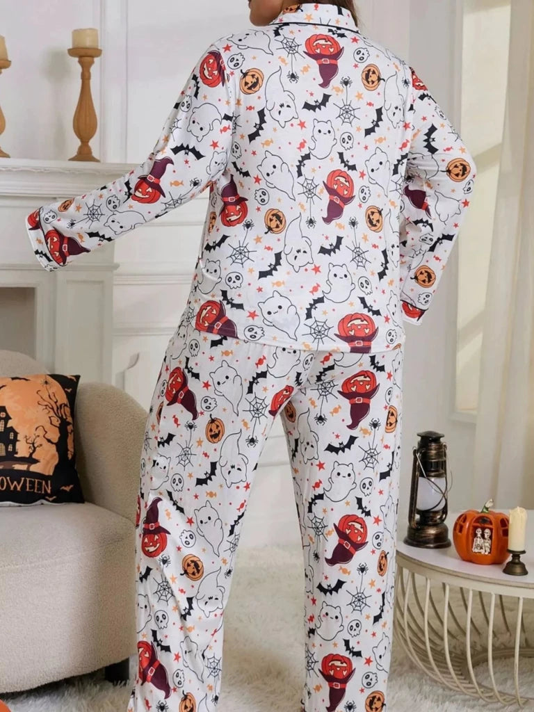 Plus Size Halloween Ghost and Pumpkin Print Top and Pants Lounge Set - White by Trendsi from FREYA’S CLOSET