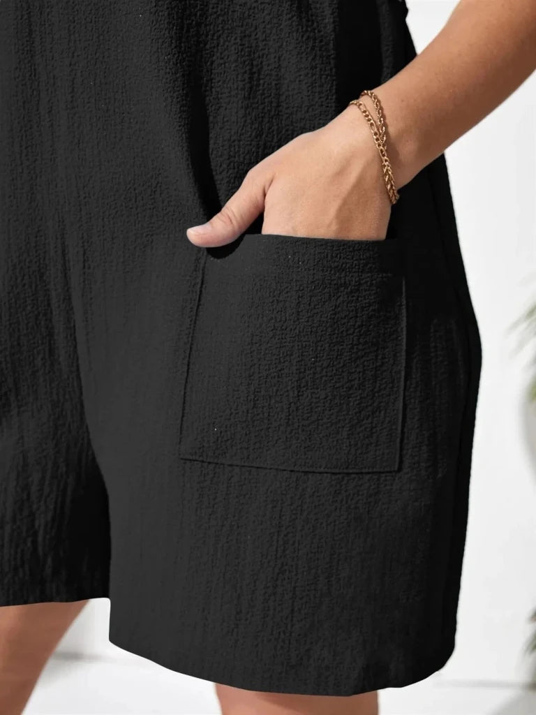 Plus Size Knotted Strap Romper with Pockets - Black by Trendsi from FREYA’S CLOSET