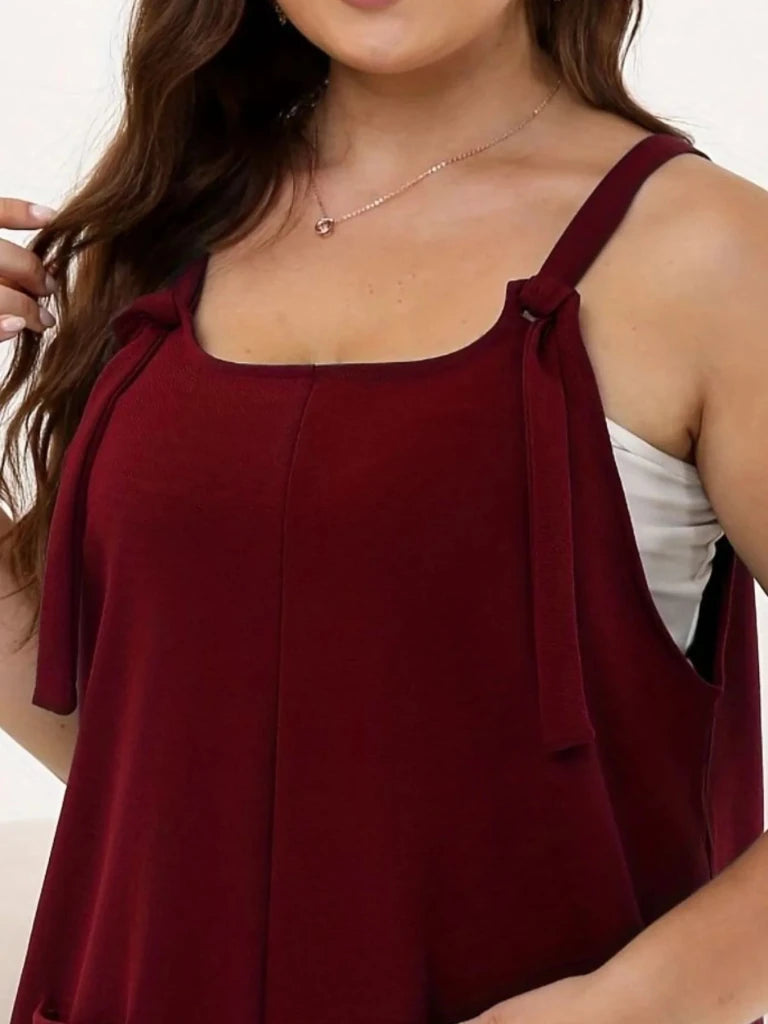 Plus Size Knotted Strap Romper with Pockets - Burgundy by Trendsi from FREYA’S CLOSET