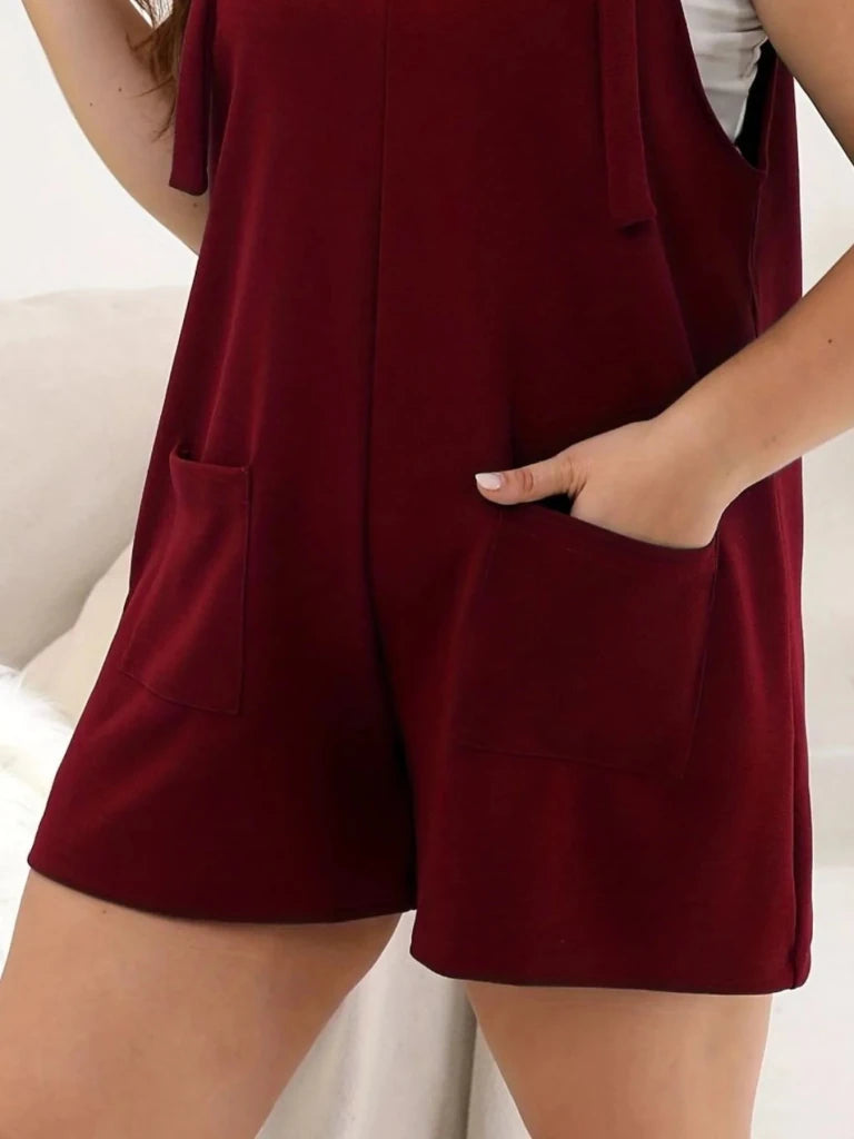 Plus Size Knotted Strap Romper with Pockets - Burgundy by Trendsi from FREYA’S CLOSET