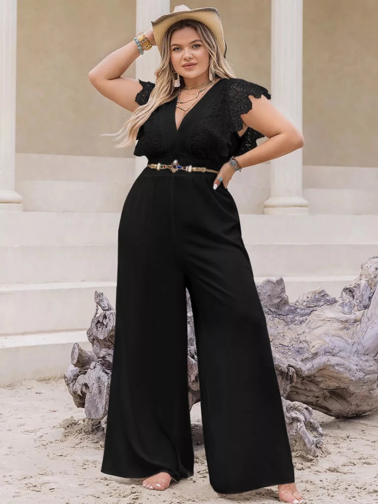 Plus Size Lace Cap Sleeve Wide Leg Jumpsuit - Black by Trendsi from FREYA’S CLOSET