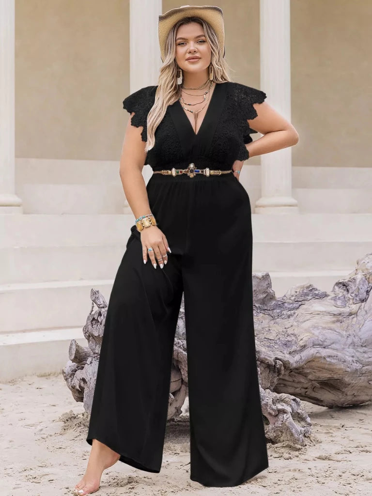 Plus Size Lace Cap Sleeve Wide Leg Jumpsuit - Black by Trendsi from FREYA’S CLOSET