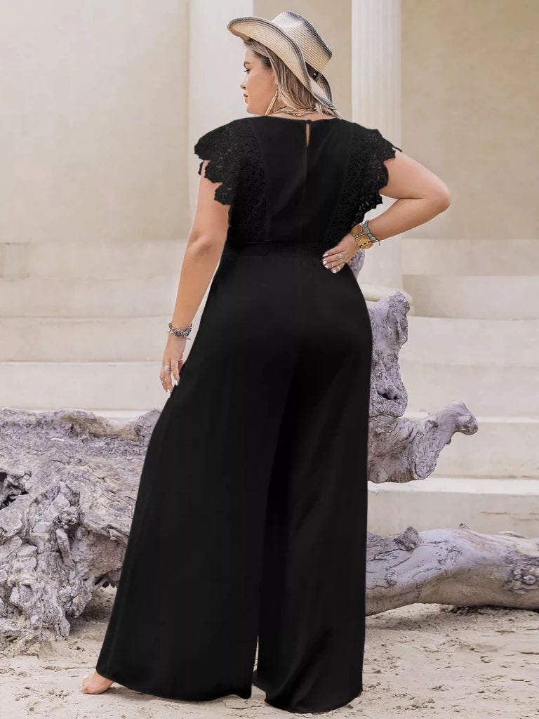 Plus Size Lace Cap Sleeve Wide Leg Jumpsuit - Black by Trendsi from FREYA’S CLOSET