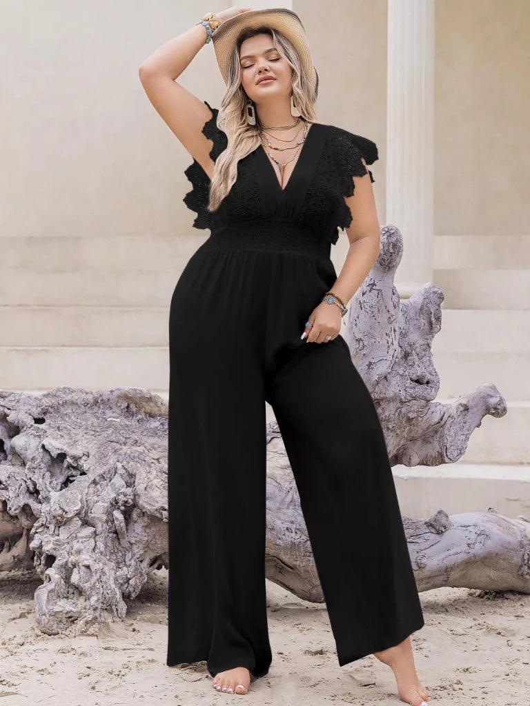 Plus Size Lace Cap Sleeve Wide Leg Jumpsuit - Black by Trendsi from FREYA’S CLOSET