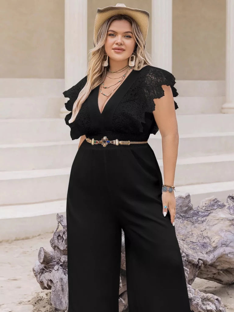 Plus Size Lace Cap Sleeve Wide Leg Jumpsuit - Black by Trendsi from FREYA’S CLOSET