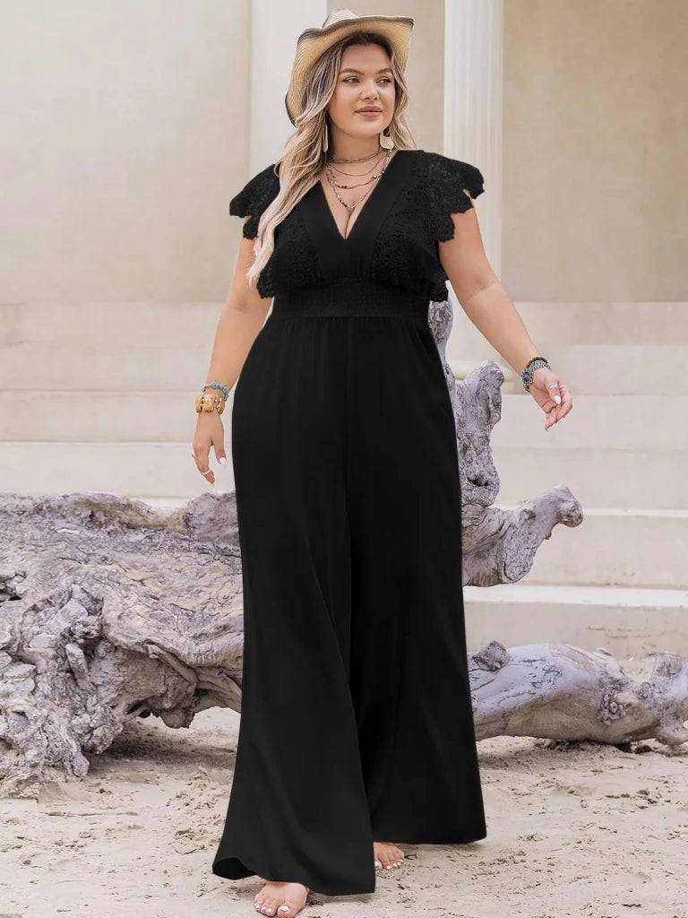 Plus Size Lace Cap Sleeve Wide Leg Jumpsuit - Black by Trendsi from FREYA’S CLOSET
