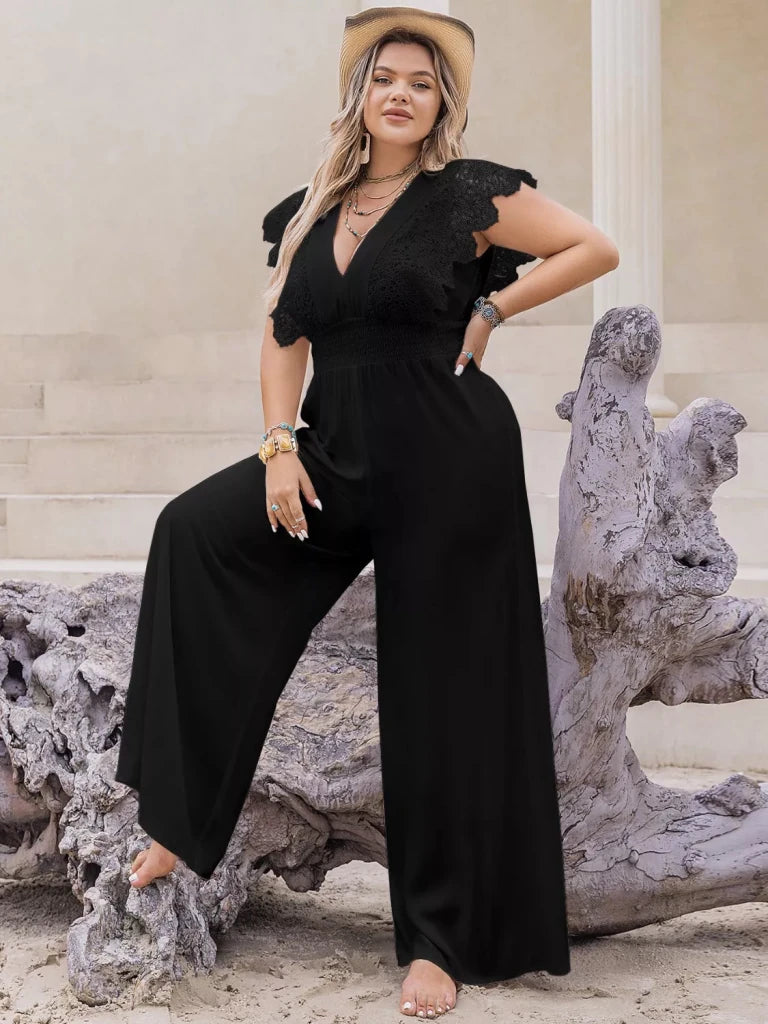 Plus Size Lace Cap Sleeve Wide Leg Jumpsuit - Black by Trendsi from FREYA’S CLOSET