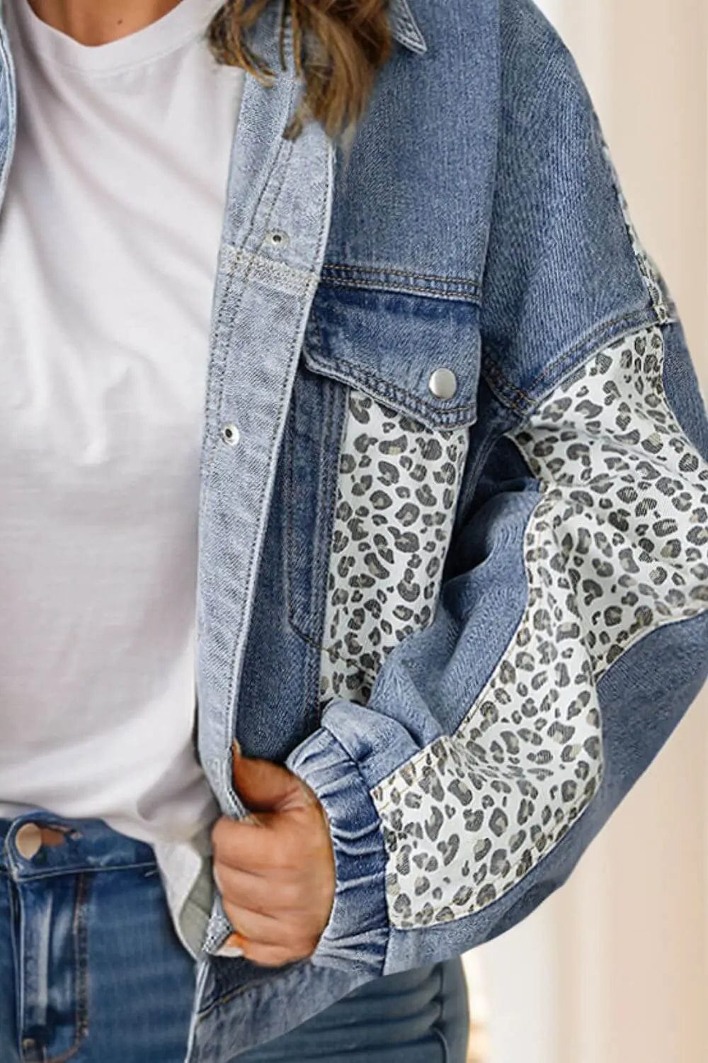 Trendsi Jackets Plus Size Leopard Long Sleeve Denim Jacket