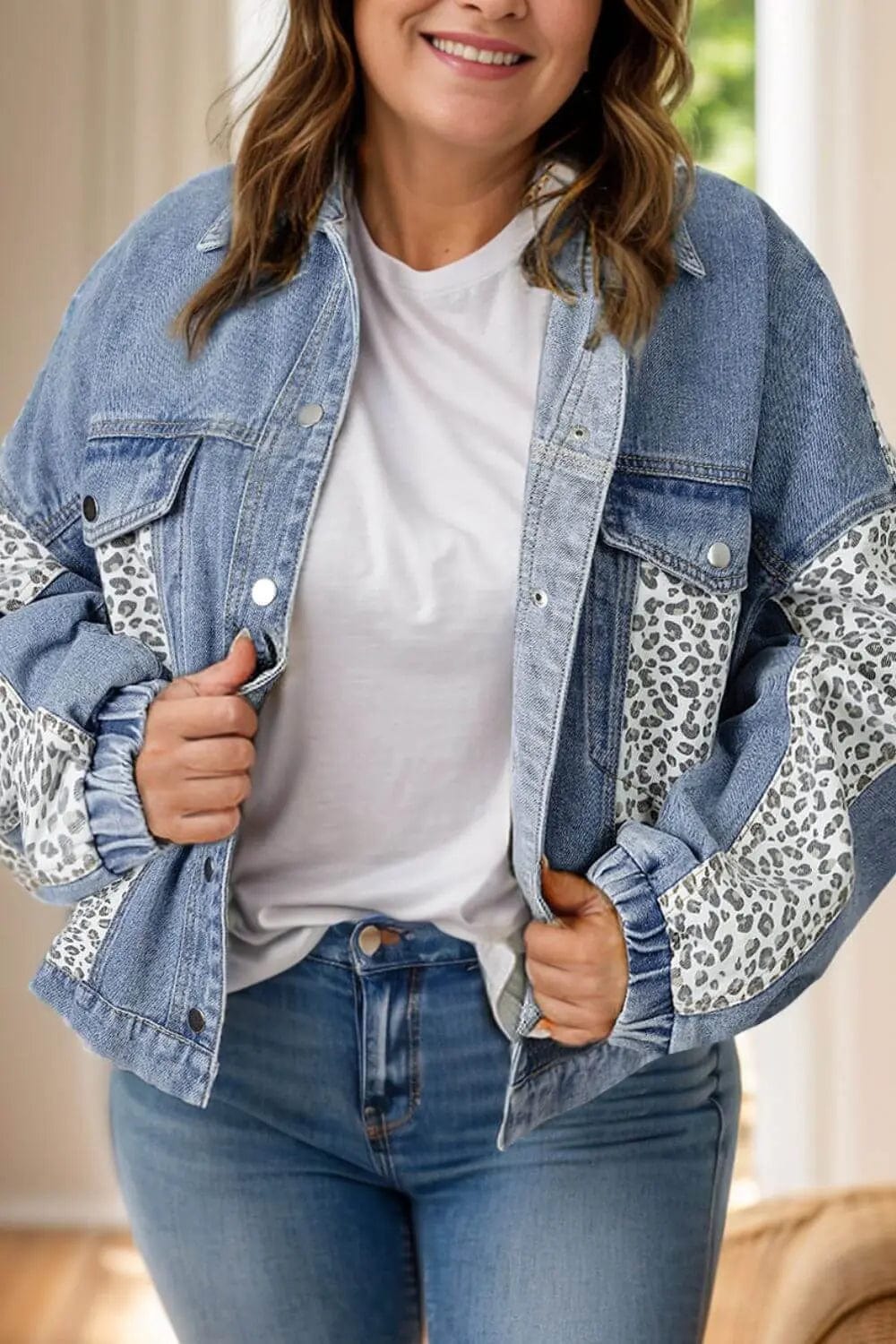 Trendsi Jackets Medium / 1XL Plus Size Leopard Long Sleeve Denim Jacket