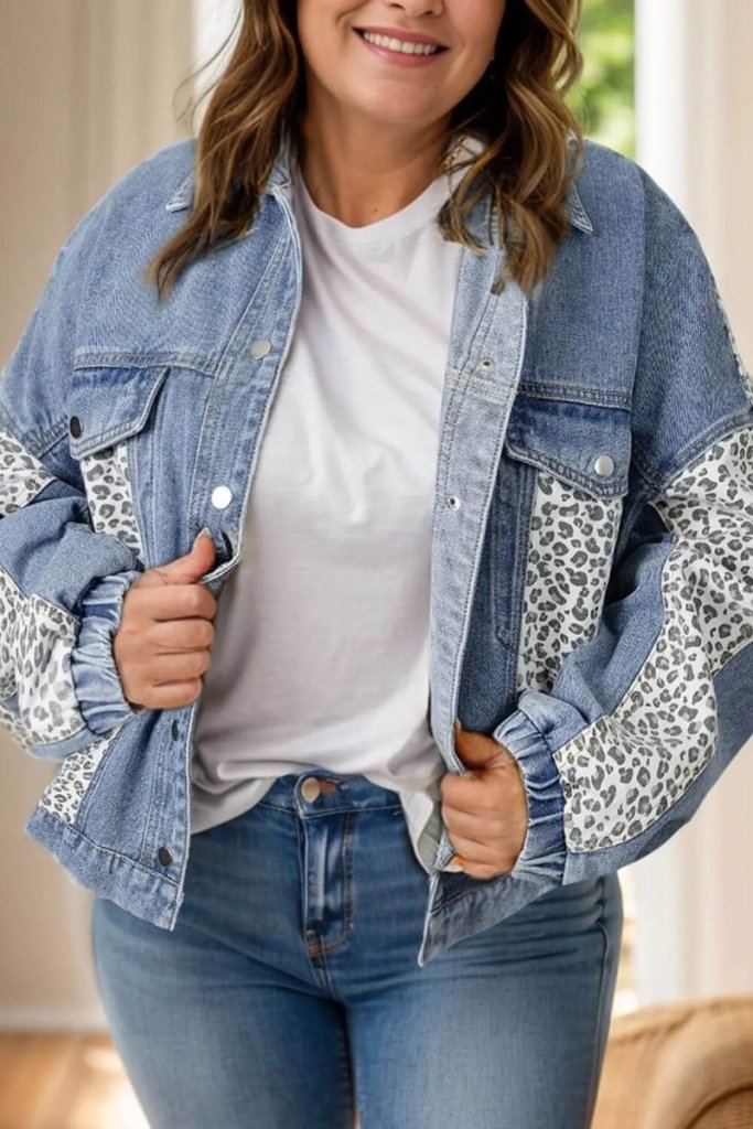 Plus Size Leopard Long Sleeve Denim Jacket - Medium by Trendsi from FREYA’S CLOSET