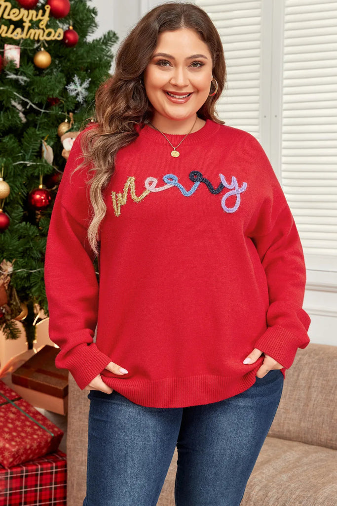 Plus Size MERRY Round Neck Long Sleeve Sweater - Deep Red by Trendsi from FREYA’S CLOSET