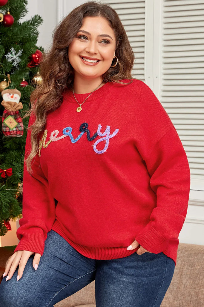Plus Size MERRY Round Neck Long Sleeve Sweater - Deep Red by Trendsi from FREYA’S CLOSET