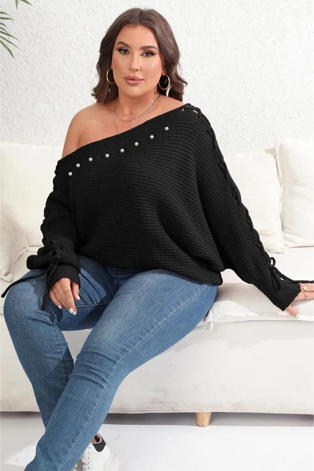 Trendsi Shirts and Blouses Plus Size One Shoulder Beaded Sweater