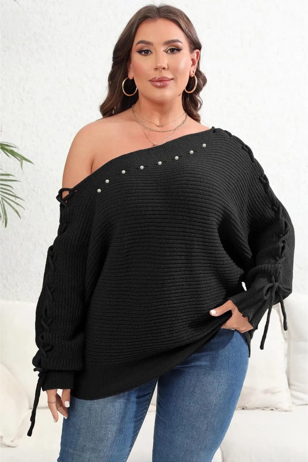 Trendsi Shirts and Blouses Black / 1XL Plus Size One Shoulder Beaded Sweater