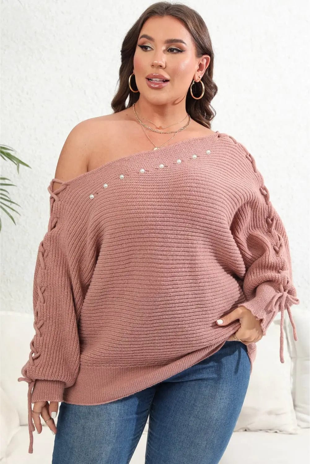 Trendsi Shirts and Blouses Dusty Pink / 1XL Plus Size One Shoulder Beaded Sweater