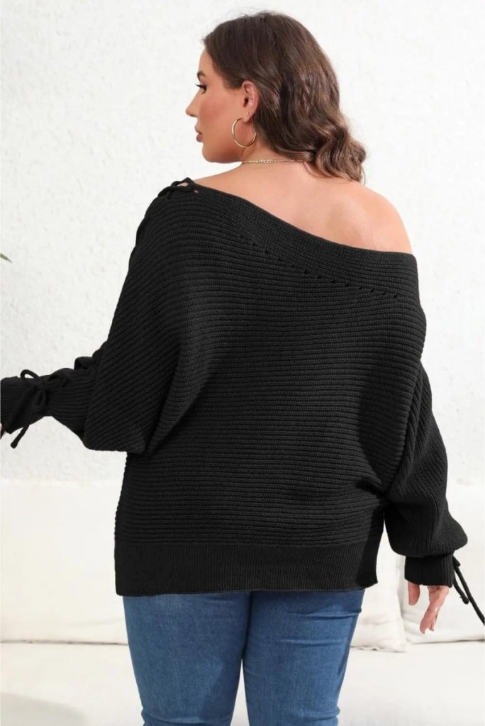 Plus Size One Shoulder Beaded Sweater - Black by Trendsi from FREYA’S CLOSET