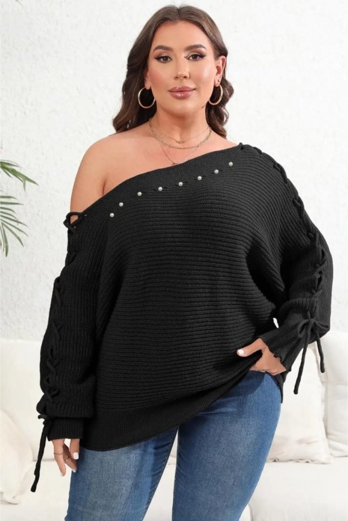 Plus Size One Shoulder Beaded Sweater - Black by Trendsi from FREYA’S CLOSET