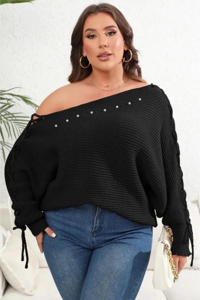 Plus Size One Shoulder Beaded Sweater - Black by Trendsi from FREYA’S CLOSET