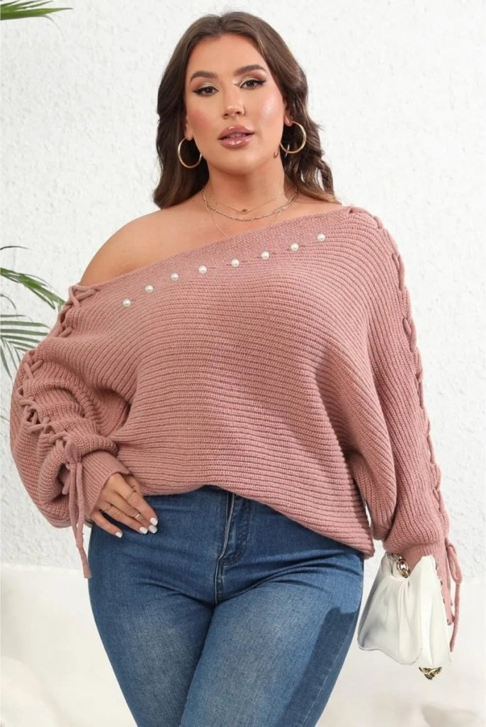 Plus Size One Shoulder Beaded Sweater - Dusty Pink by Trendsi from FREYA’S CLOSET