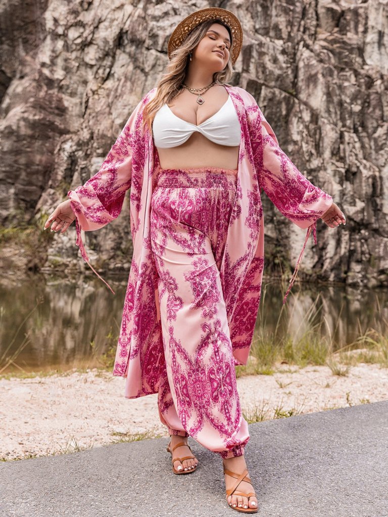 Plus Size Open Front Cardigan and Pants Set - Hot Pink by Trendsi from FREYA’S CLOSET