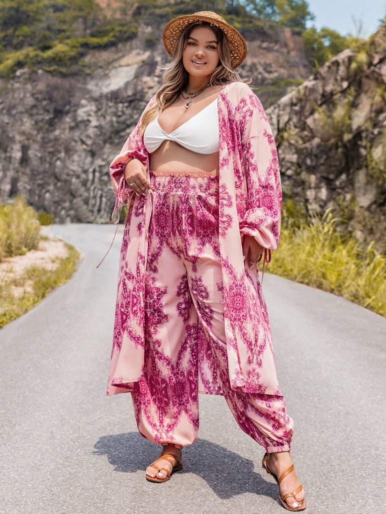 Plus Size Open Front Cardigan and Pants Set - Hot Pink by Trendsi from FREYA’S CLOSET