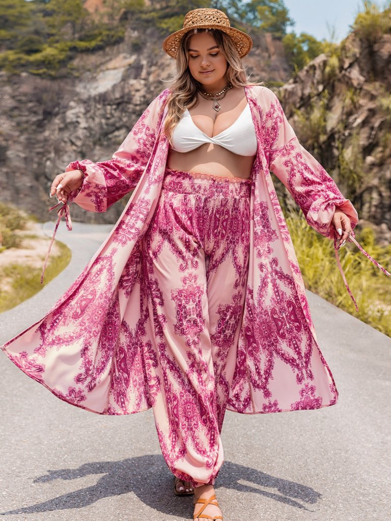 Plus Size Open Front Cardigan and Pants Set - Hot Pink by Trendsi from FREYA’S CLOSET