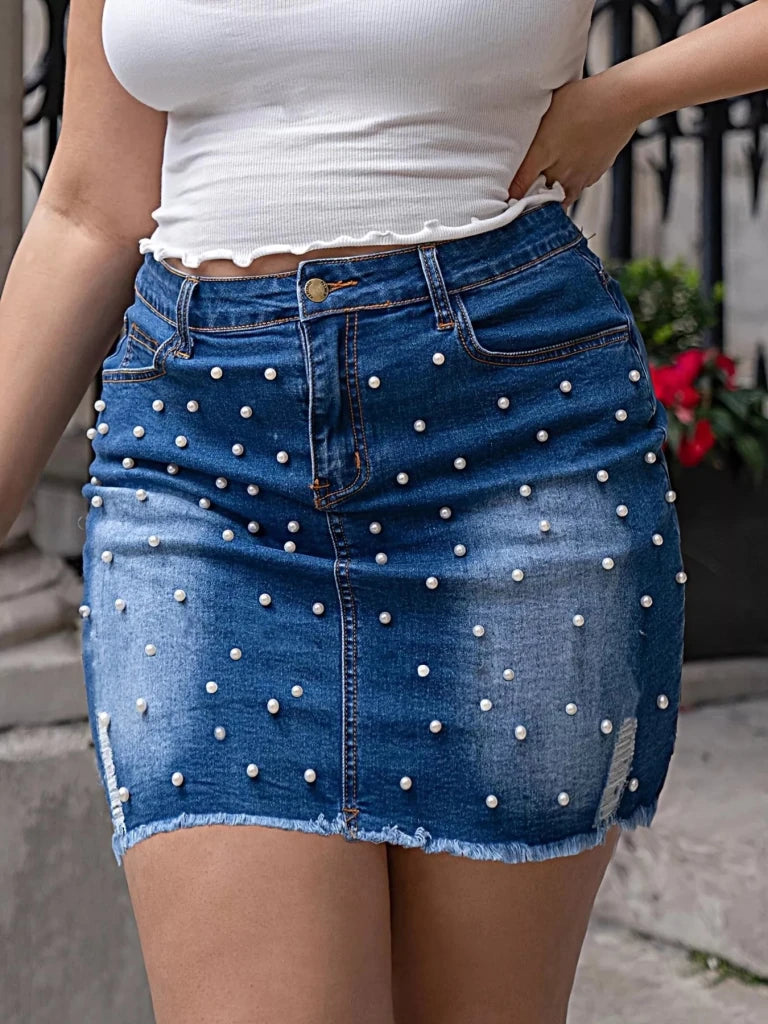 Plus Size Pearl Embellished Denim Skirt - Blue by Trendsi from FREYA’S CLOSET