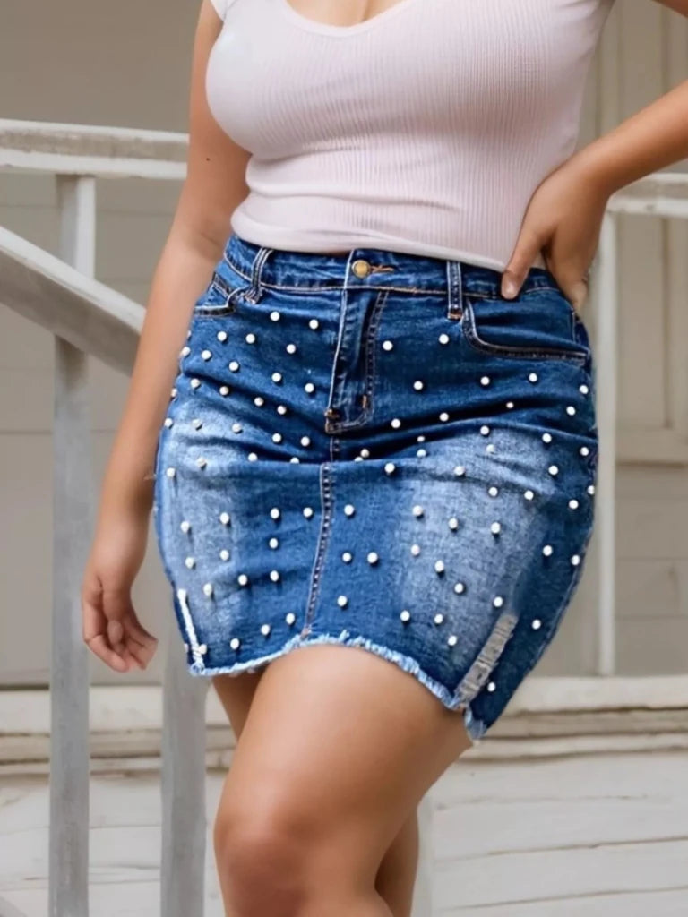 Plus Size Pearl Embellished Denim Skirt - Blue by Trendsi from FREYA’S CLOSET