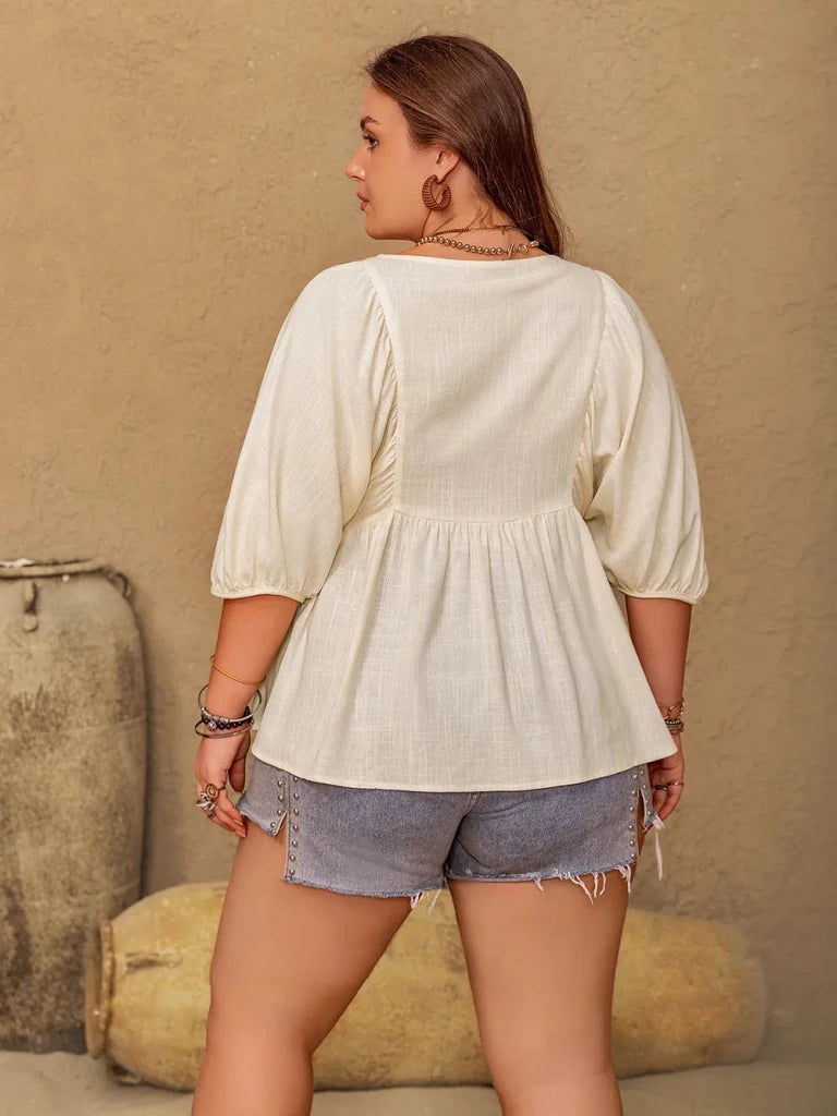 Plus Size Peplum V - Neck Half Sleeve Blouse - Cream by Trendsi from FREYA’S CLOSET