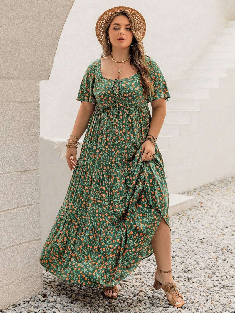 Trendsi Dresses Plus Size Printed Short Sleeve Tiered Maxi Dress