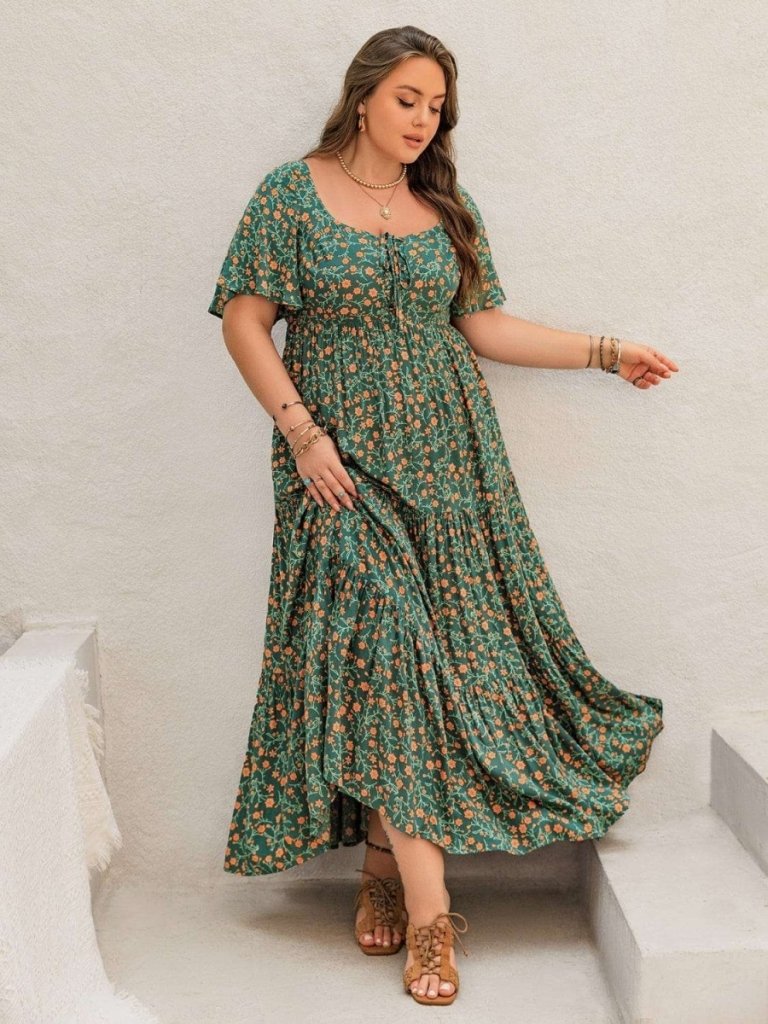 Plus Size Printed Short Sleeve Tiered Maxi Dress - Dark Green by Trendsi from FREYA’S CLOSET