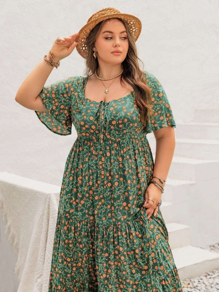 Plus Size Printed Short Sleeve Tiered Maxi Dress - Dark Green by Trendsi from FREYA’S CLOSET