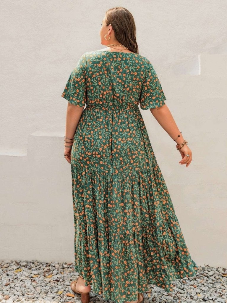 Plus Size Printed Short Sleeve Tiered Maxi Dress - Dark Green by Trendsi from FREYA’S CLOSET