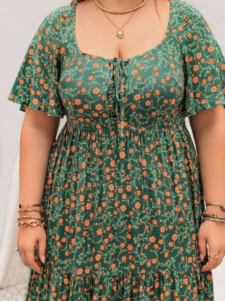 Plus Size Printed Short Sleeve Tiered Maxi Dress - Dark Green by Trendsi from FREYA’S CLOSET