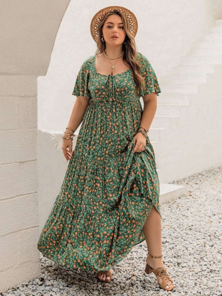 Plus Size Printed Short Sleeve Tiered Maxi Dress - Dark Green by Trendsi from FREYA’S CLOSET