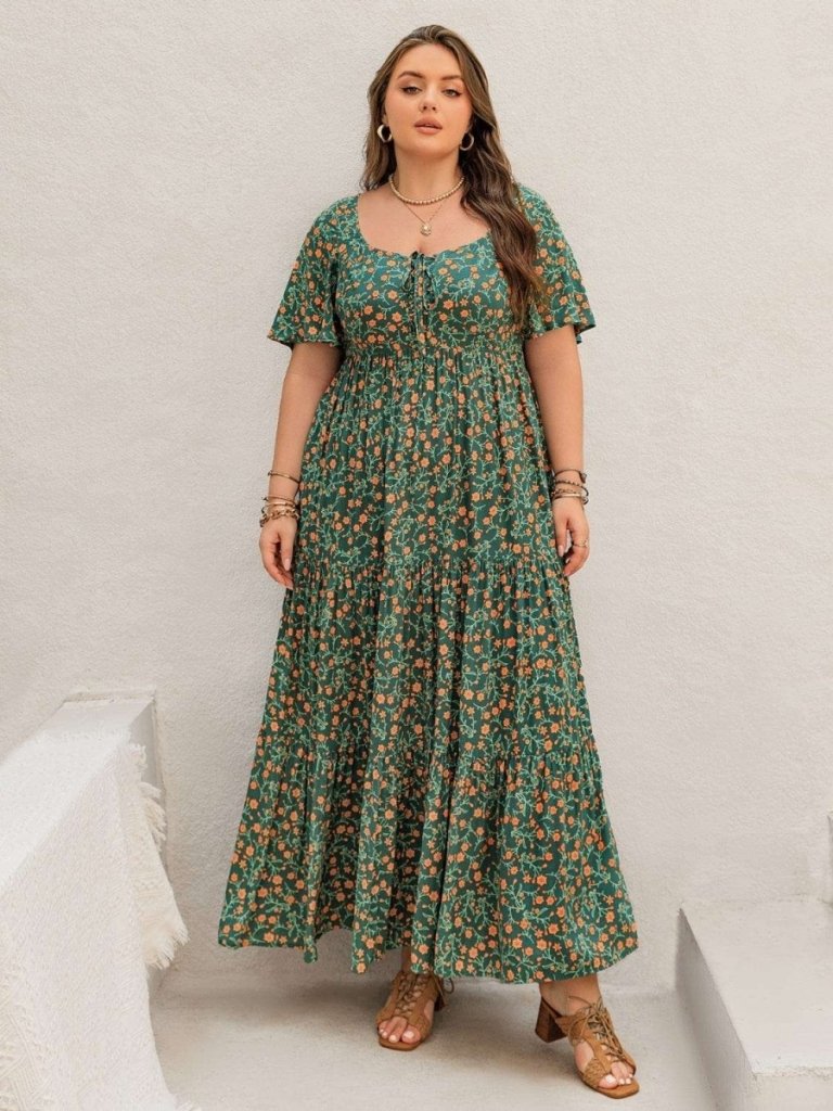 Plus Size Printed Short Sleeve Tiered Maxi Dress - Dark Green by Trendsi from FREYA’S CLOSET