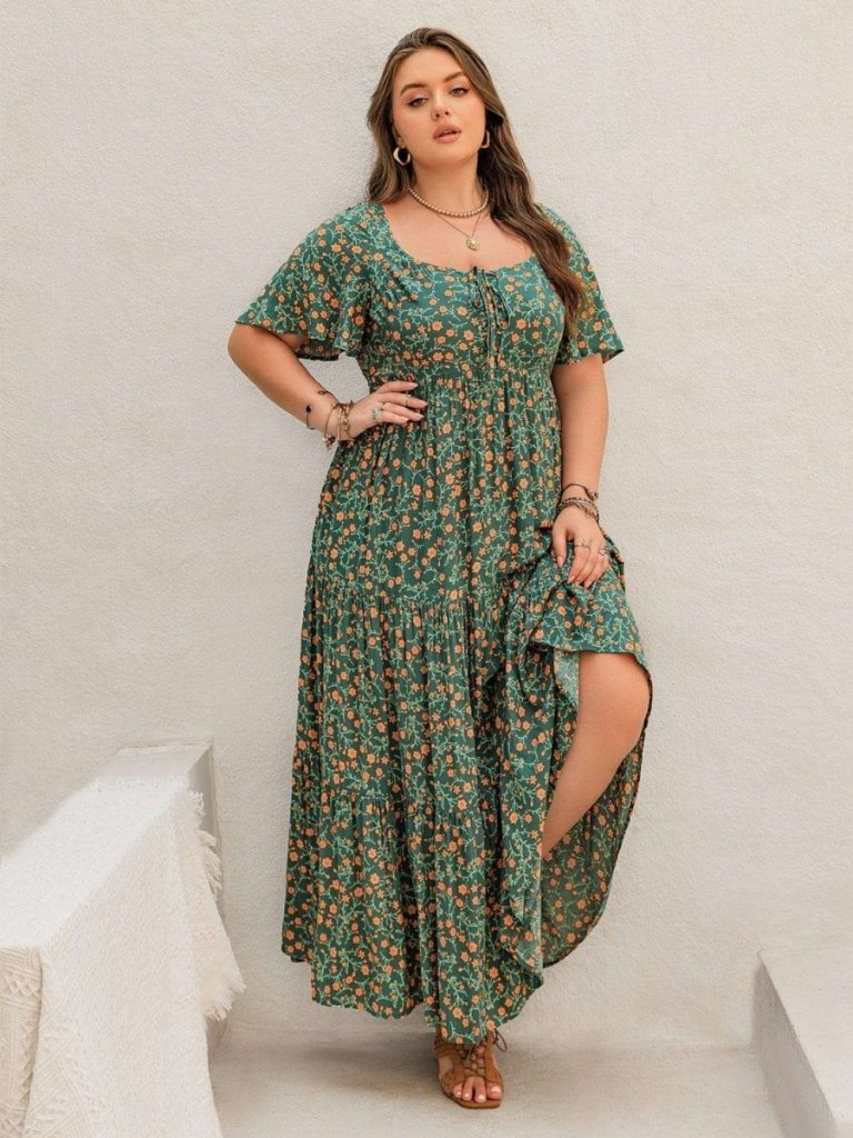 Plus Size Printed Short Sleeve Tiered Maxi Dress - Dark Green by Trendsi from FREYA’S CLOSET
