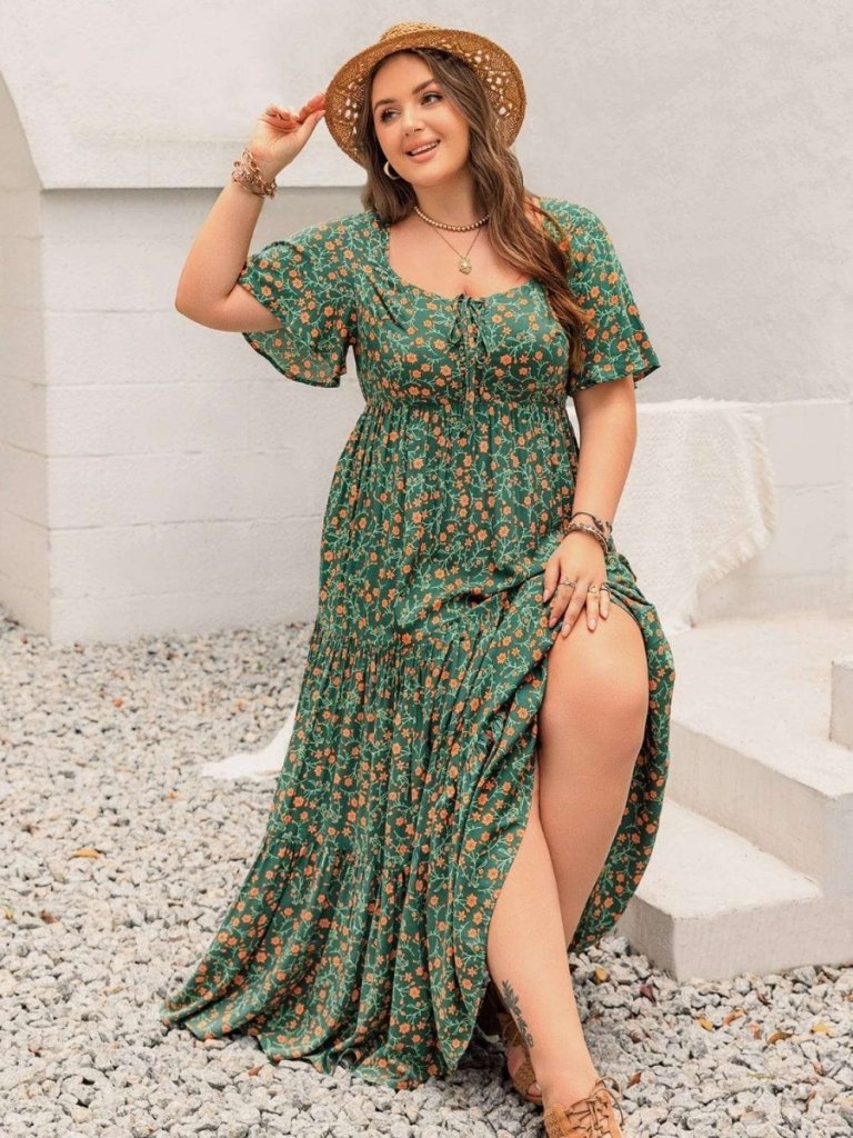 Plus Size Printed Short Sleeve Tiered Maxi Dress - Dark Green by Trendsi from FREYA’S CLOSET