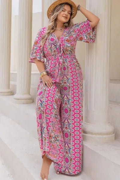Plus Size Printed Surplice Long Sleeve M - Deep Rose by Trendsi from FREYA’S CLOSET