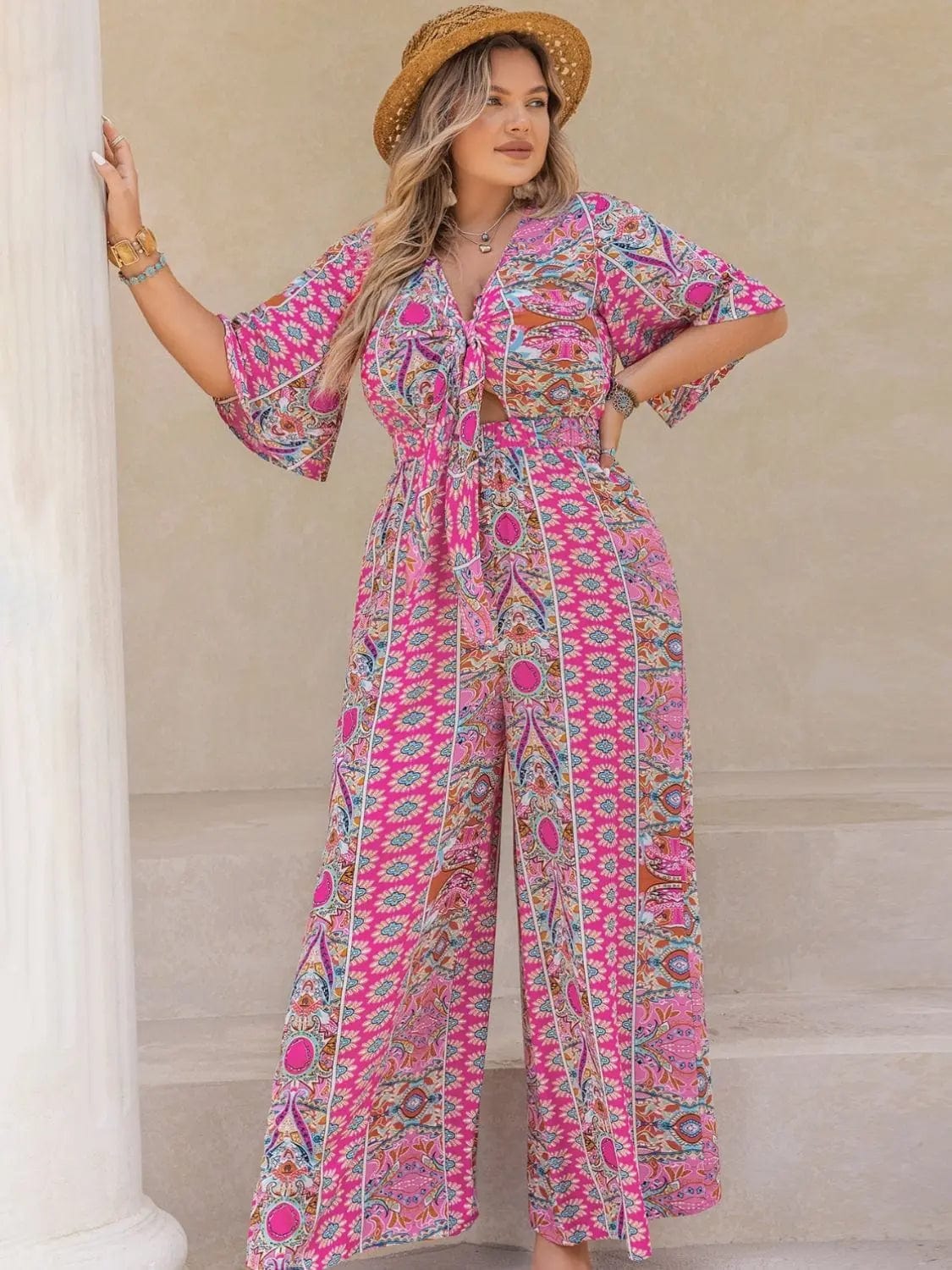 Trendsi Jumpsuits Plus Size Printed Surplice Long Sleeve Mini Dress