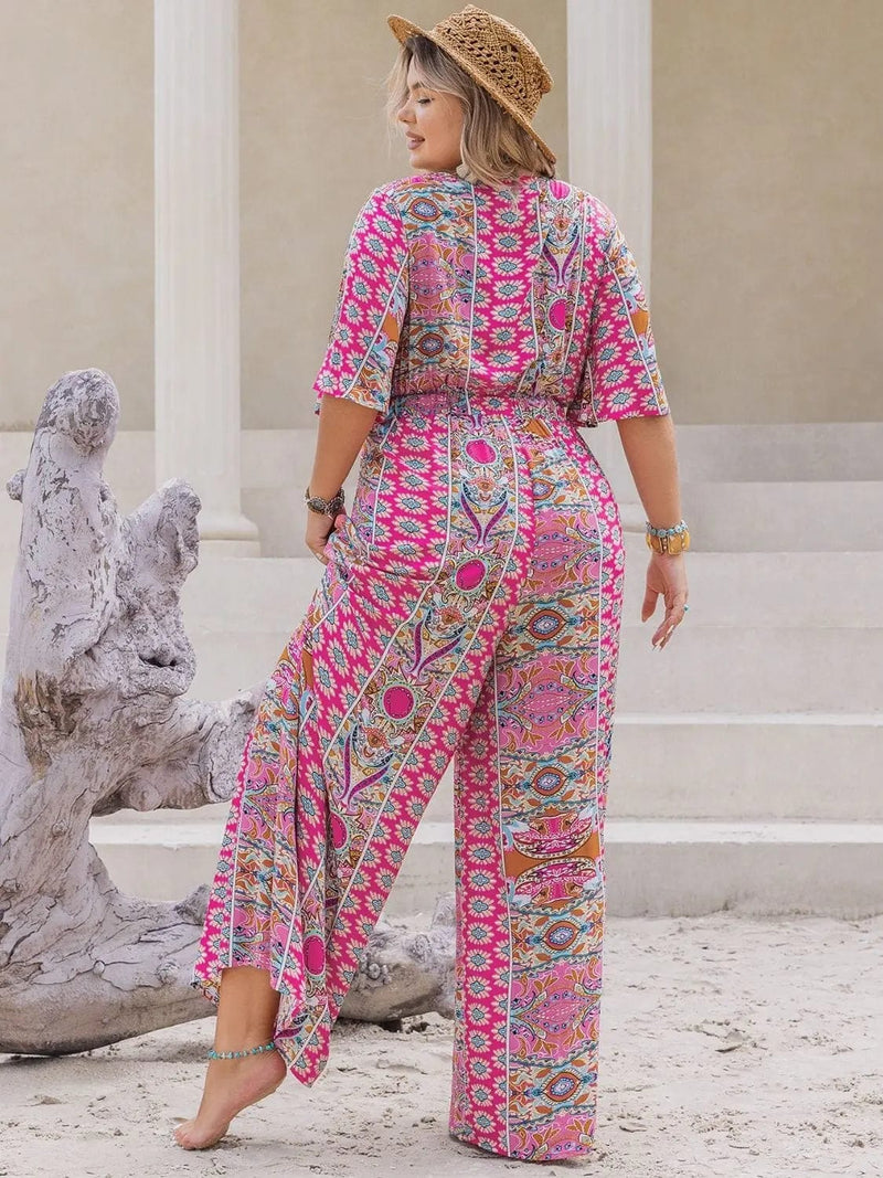 Trendsi Jumpsuits Plus Size Printed Surplice Long Sleeve Mini Dress