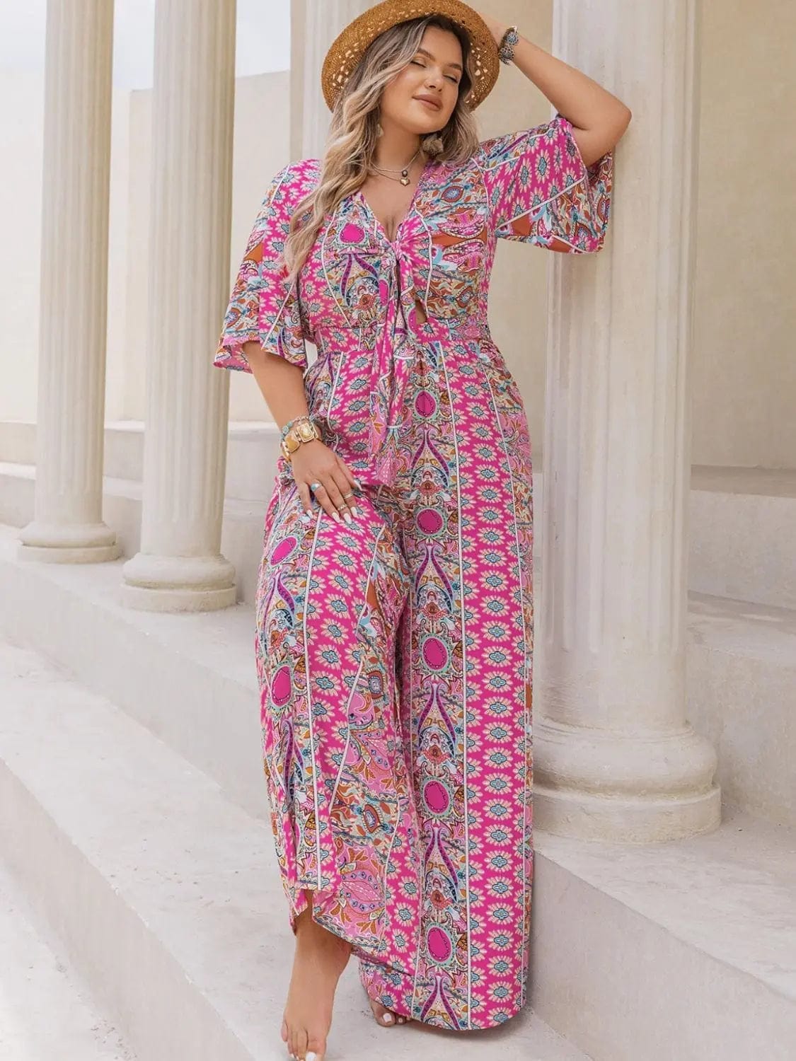 Trendsi Jumpsuits Deep Rose / 0XL Plus Size Printed Surplice Long Sleeve Mini Dress