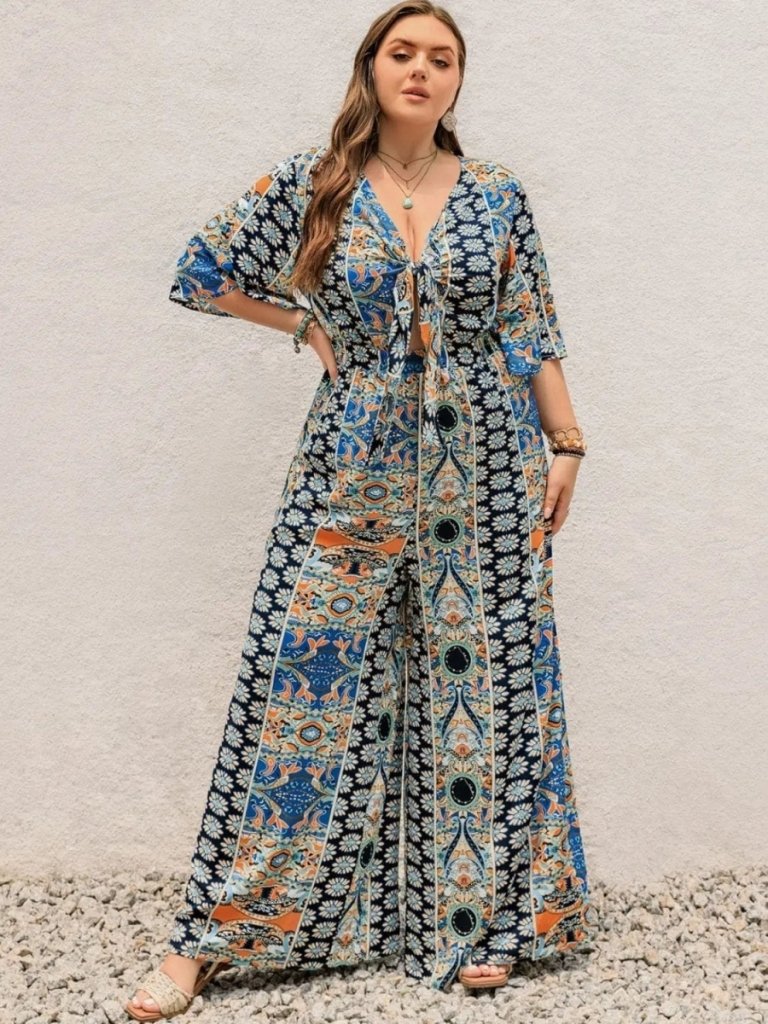 Plus Size Printed Surplice Long Sleeve Mini Dress - Peacock Blue by Trendsi from FREYA’S CLOSET