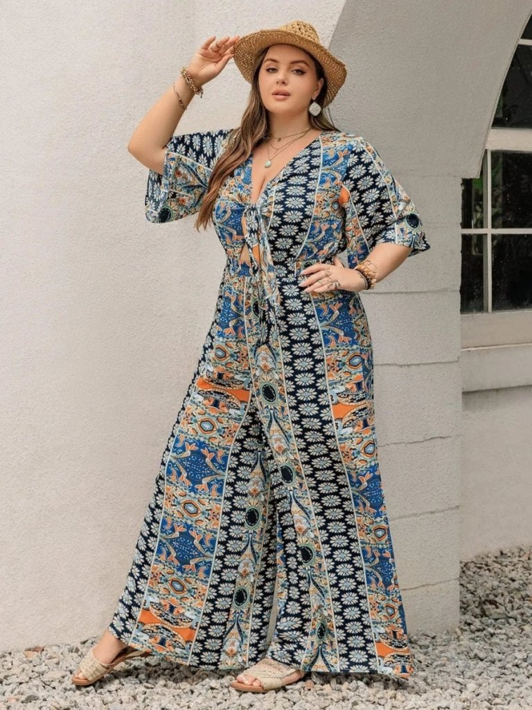 Plus Size Printed Surplice Long Sleeve Mini Dress - Peacock Blue by Trendsi from FREYA’S CLOSET