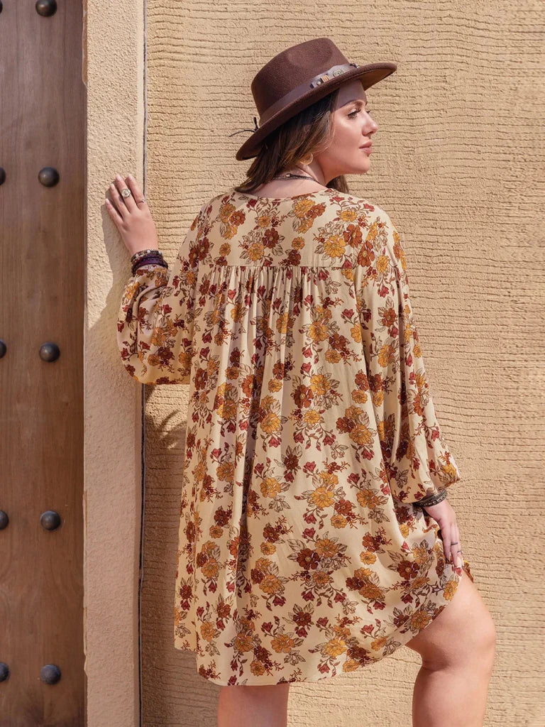 Plus Size Printed V - Neck Balloon Sleeve Mini Dress - Tan by Trendsi from FREYA’S CLOSET