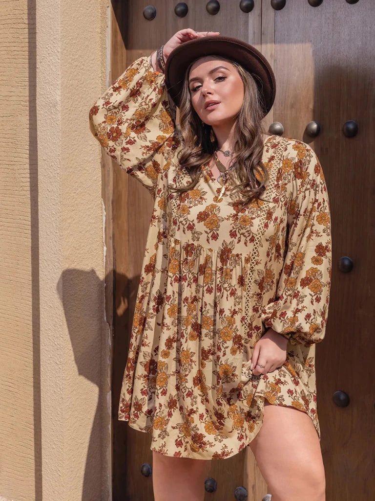 Plus Size Printed V - Neck Balloon Sleeve Mini Dress - Tan by Trendsi from FREYA’S CLOSET