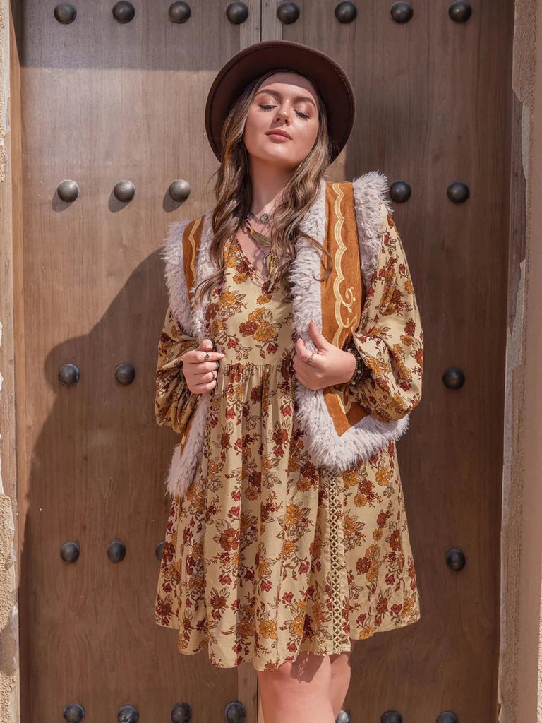 Plus Size Printed V - Neck Balloon Sleeve Mini Dress - Tan by Trendsi from FREYA’S CLOSET