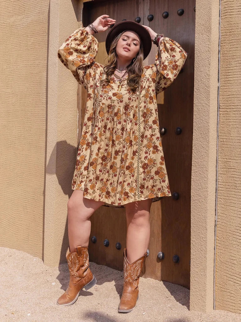 Plus Size Printed V - Neck Balloon Sleeve Mini Dress - Tan by Trendsi from FREYA’S CLOSET