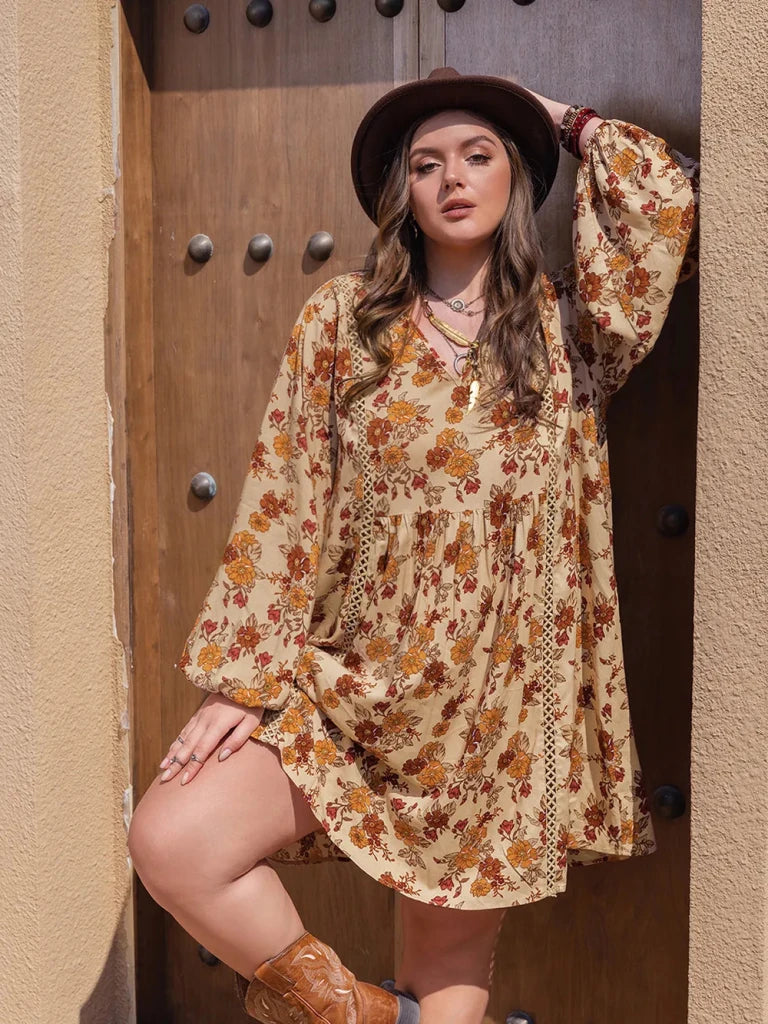 Plus Size Printed V - Neck Balloon Sleeve Mini Dress - Tan by Trendsi from FREYA’S CLOSET