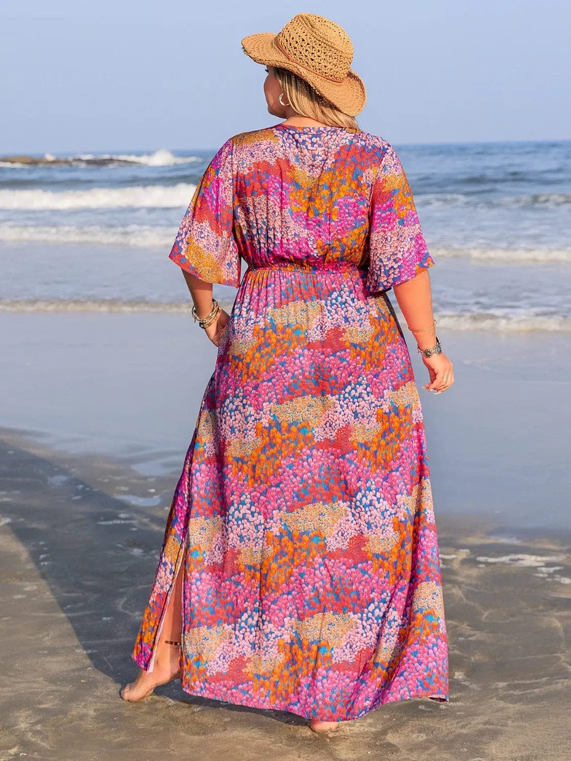Trendsi dresses Plus Size Printed V-Neck Half Sleeve Maxi Dress